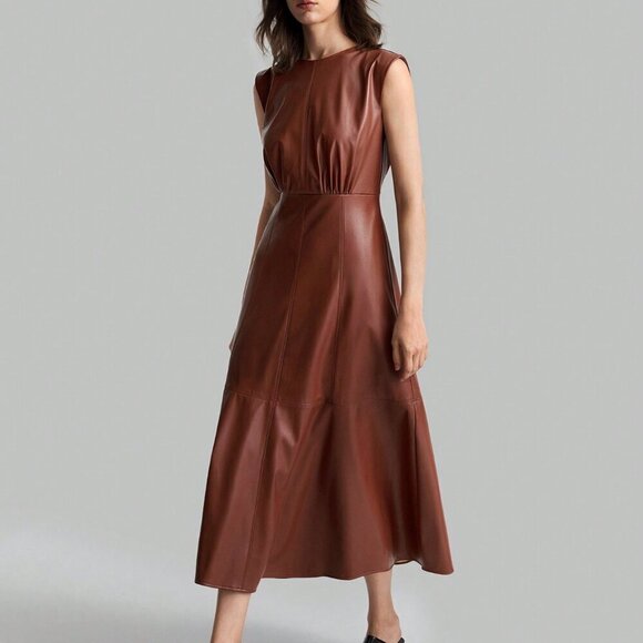 Brown Elegant Women's Round Neck Sleeveless Wide Shoulder PU Dress - Picture 8 of 9